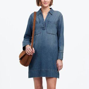 Madewell Popover Easy Fit Wide Long Sleeve Mini Dress Airy Denim Size L NWT